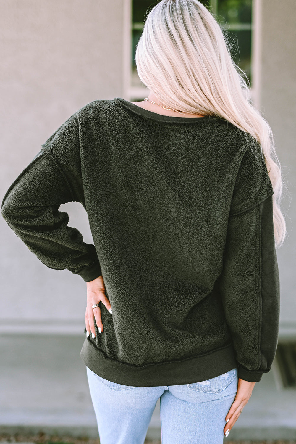 Expose Seam Detail Split Neck Long Sleeve Top