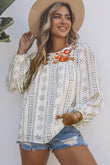 Beige Long Sleeve Embroidered Print Blouse