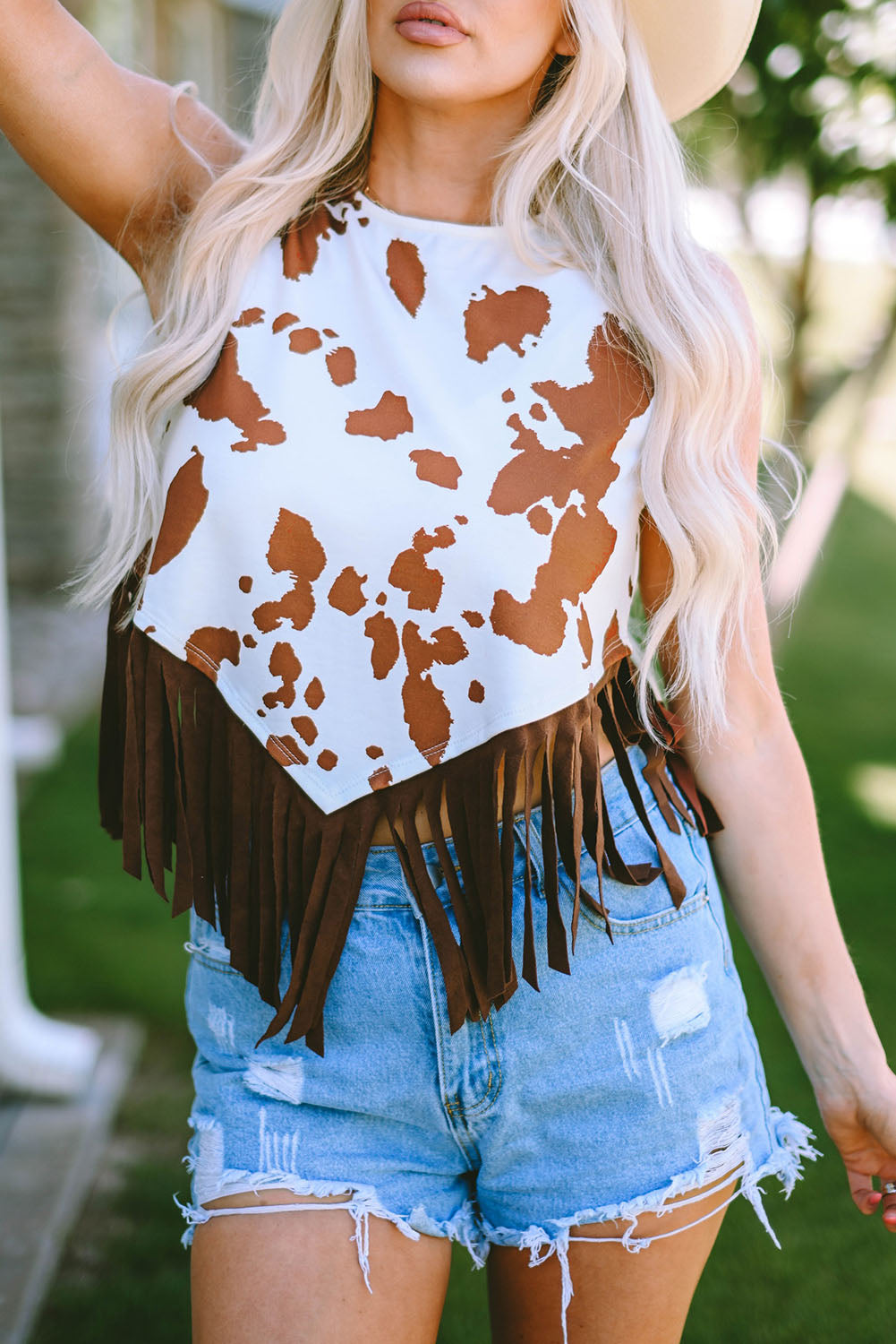 Cow Printed Fringe Hem Tank Top