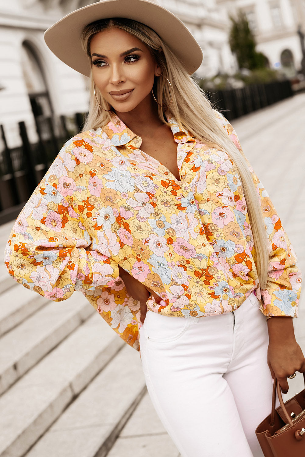 Floral Print Turn Down Collar Loose Shirt