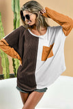 Orange Long Sleeve Colorblock Chest Pocket Textured Knit Top