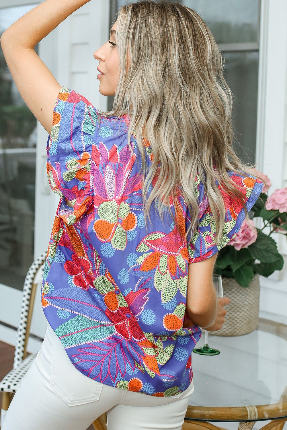 Split V Neck Flutter Floral Top