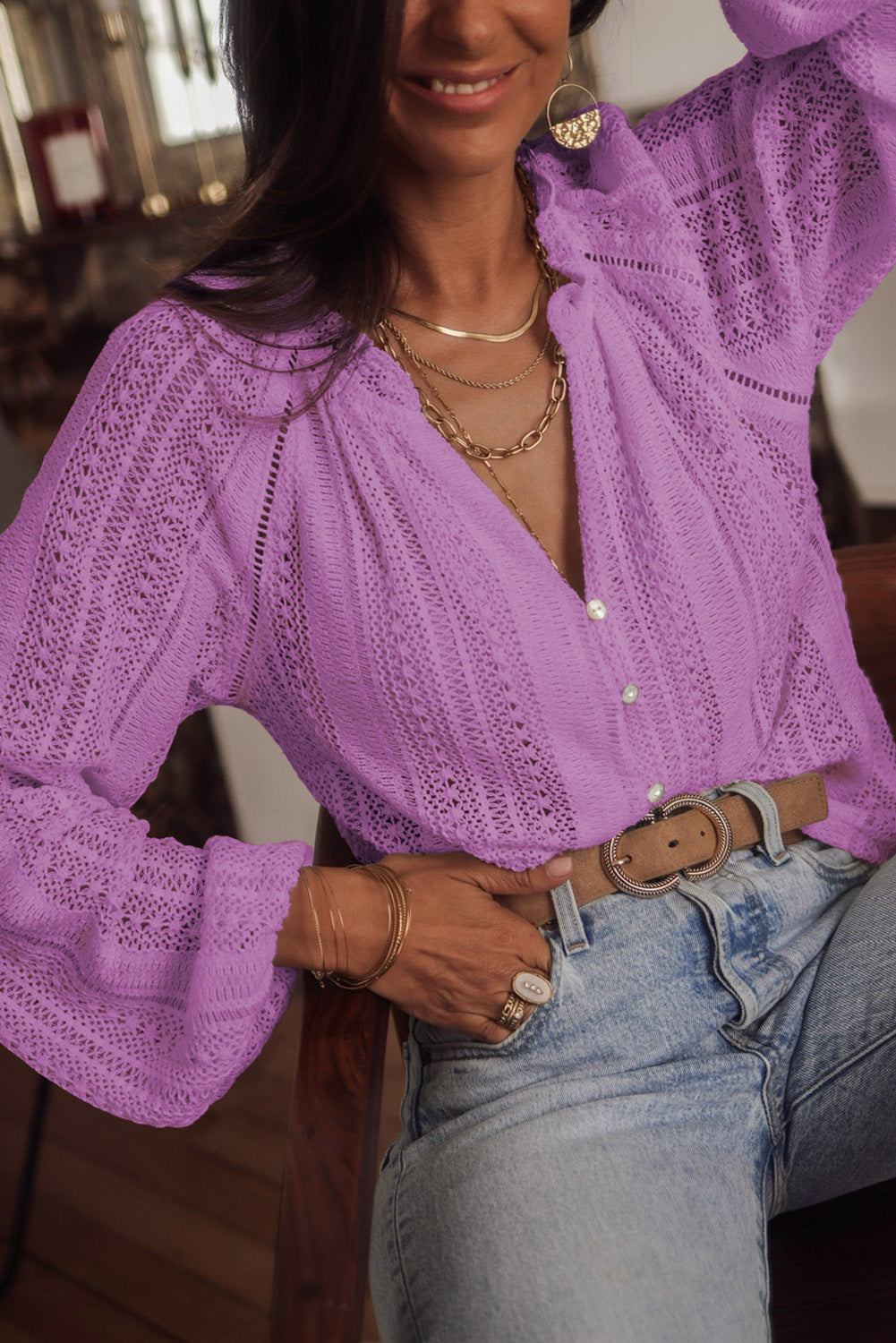 V-Neck Long Sleeve Button Up Lace Shirt