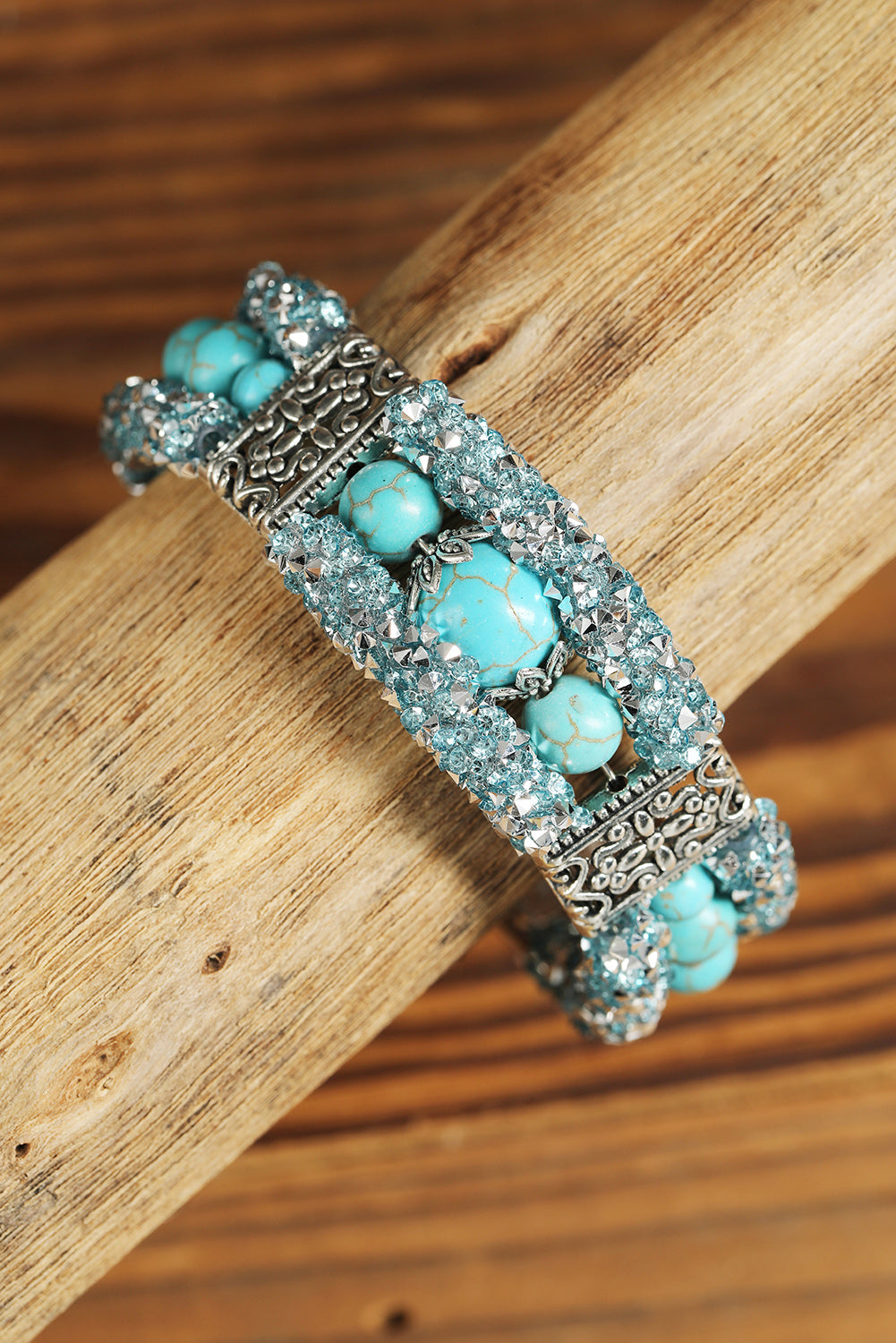 Western Turquoise Beads Rhinestone Carved Bracelet