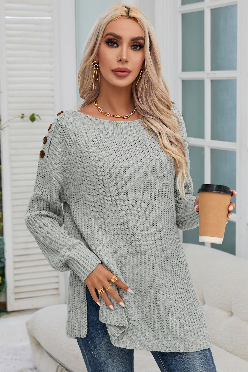 Buttoned Drop Shoulder Oversized Sweater