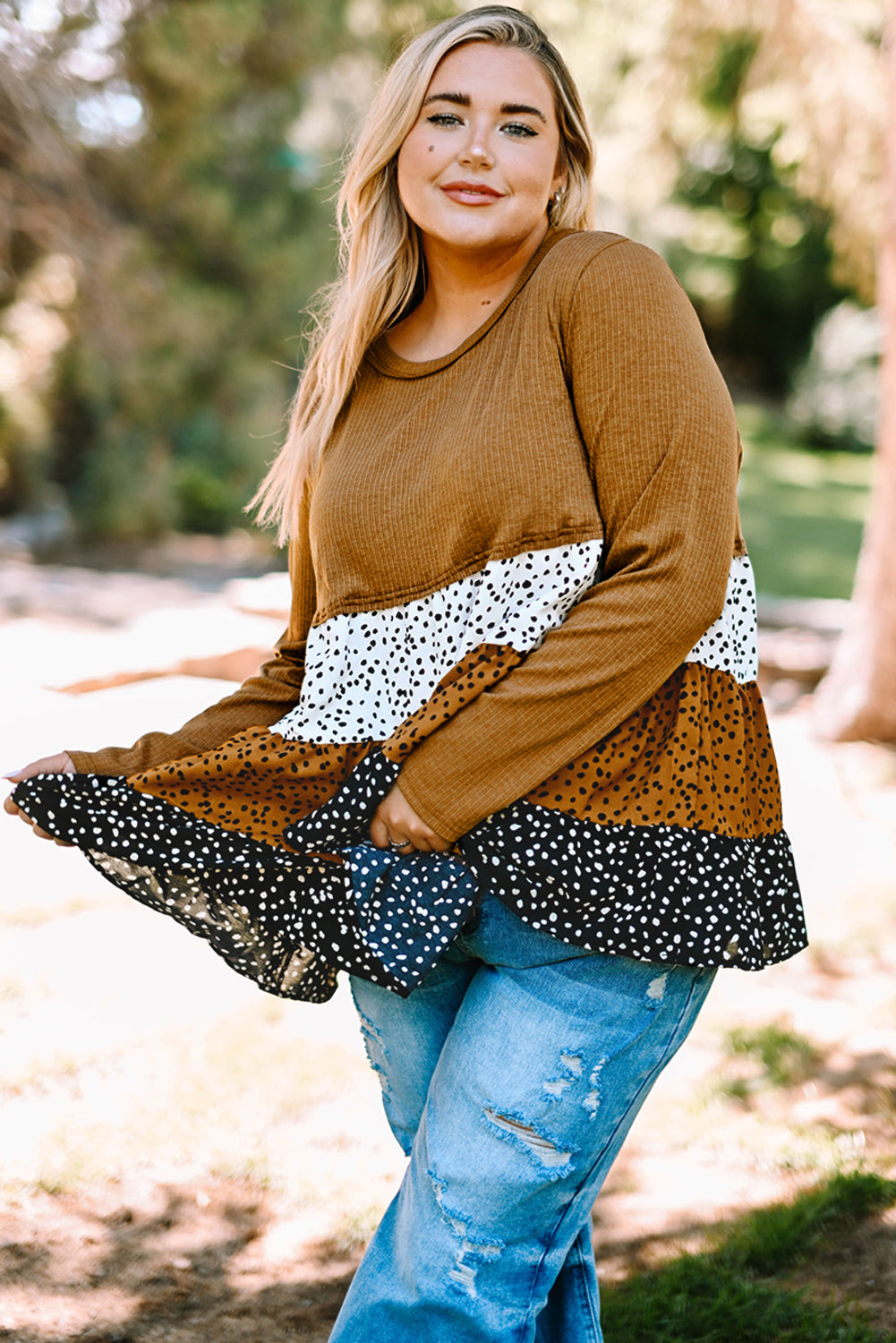 Plus Size Knit Dotted Print Tiered Top with Ruffle