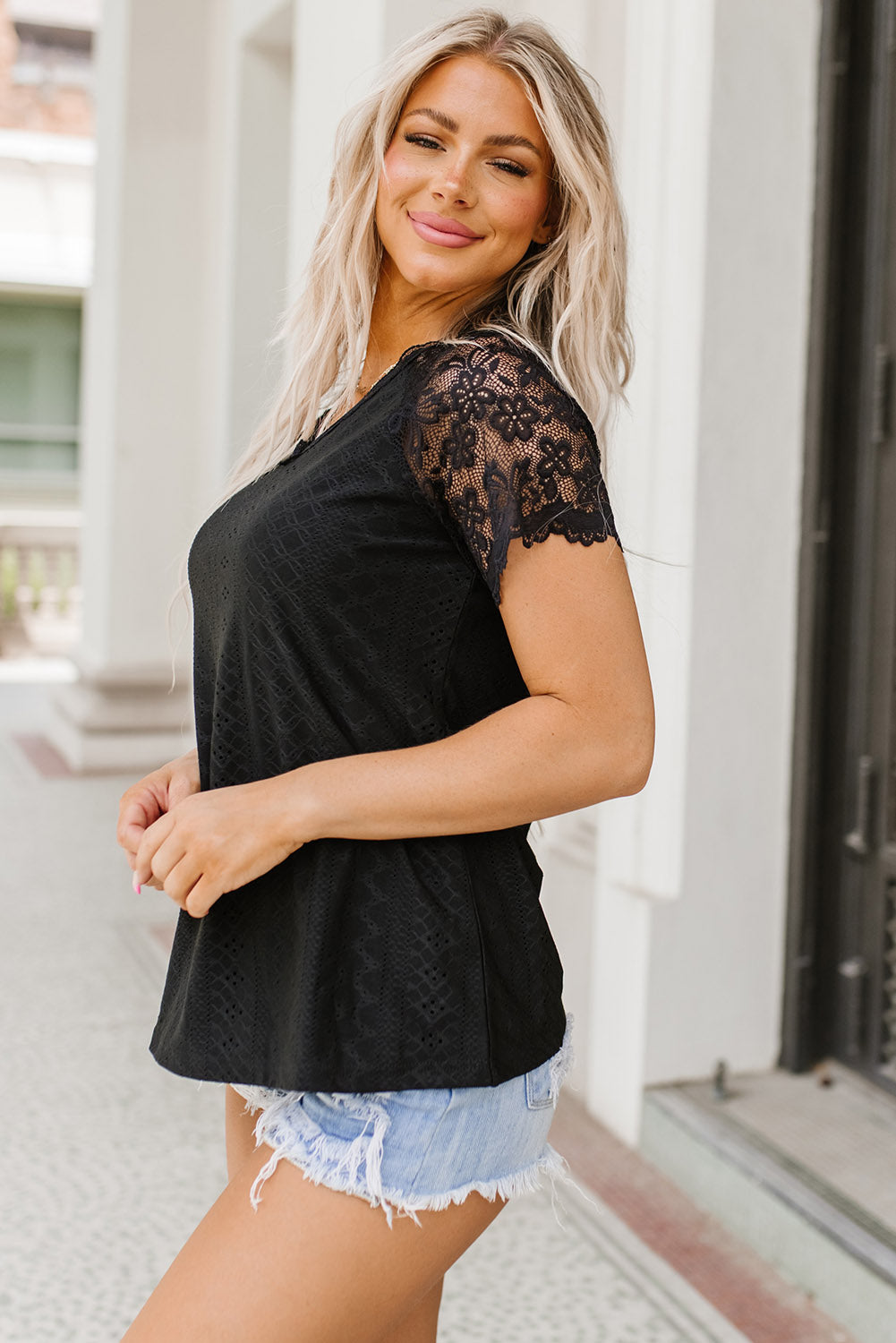 Lace Short-Sleeve Scalloped V-Neck Top