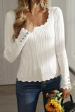 Scalloped Trim Ribbed Eyelet Slim Fit Sweater