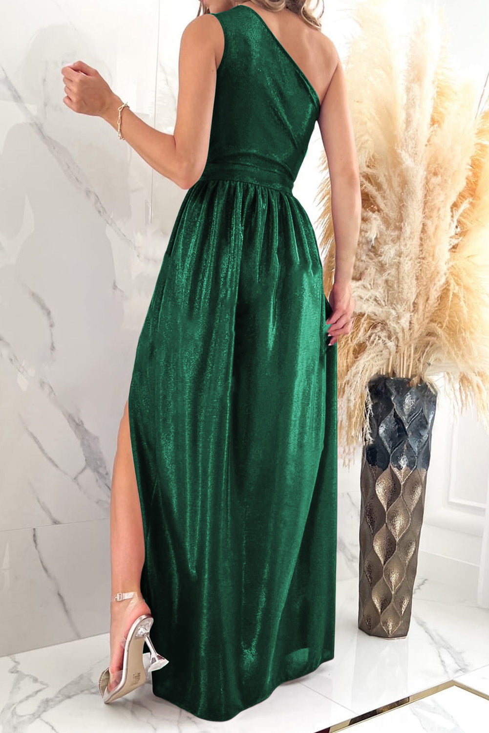 Shiny Velvet One Shoulder Long Split Dress