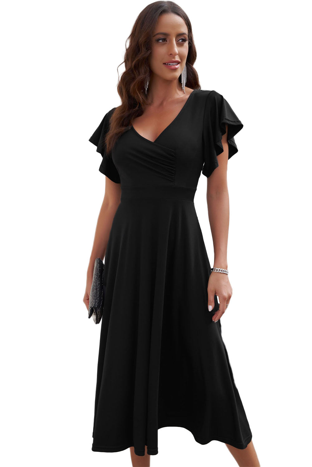 Ruffled Sleeve Wrap V Neck Midi Dress