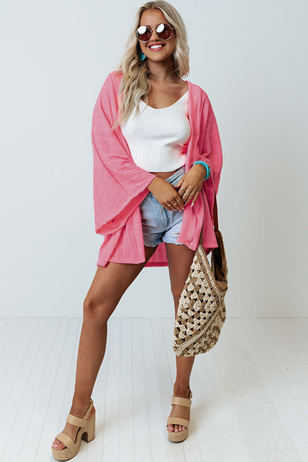 Open Front Kimono Sleeves Knit Cardigan