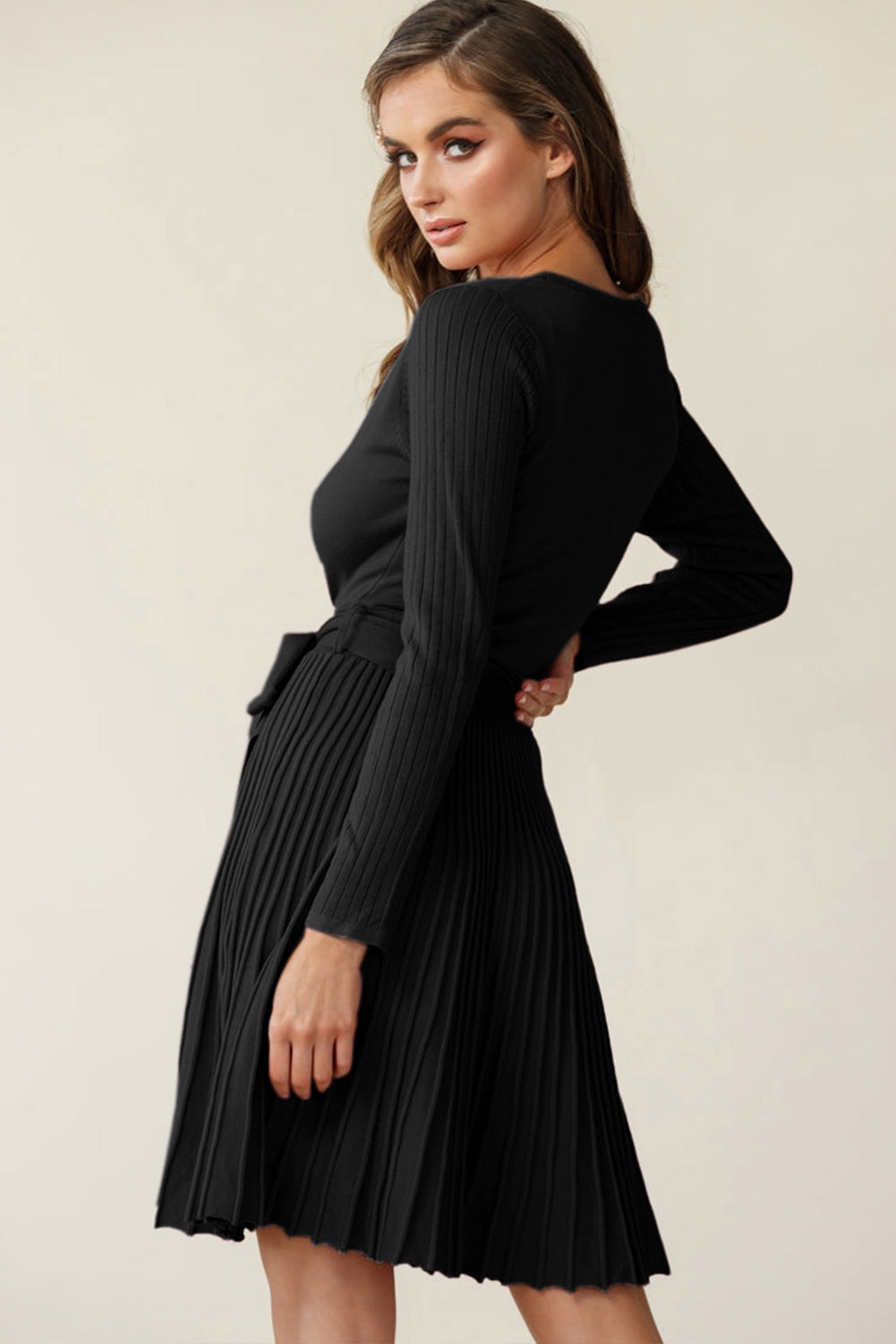 Belted V Neck Ribbed Pleated Sweater Dress