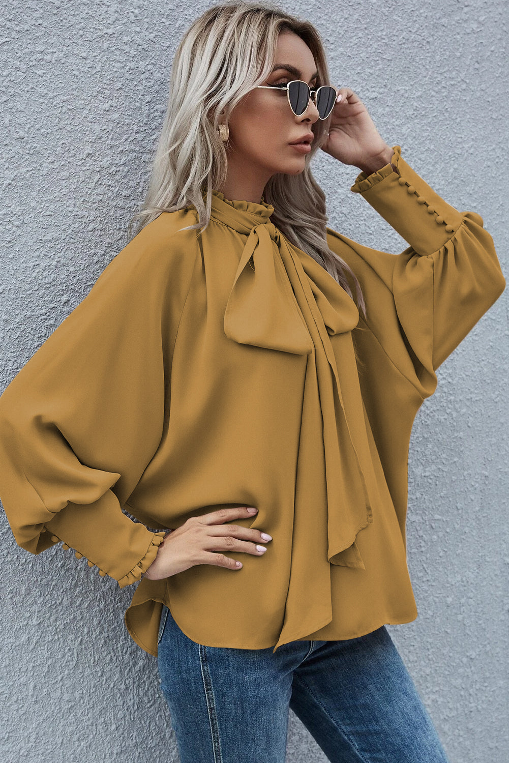 Khaki Frilled Knotted Mock Neck Bishop Sleeve Blouse