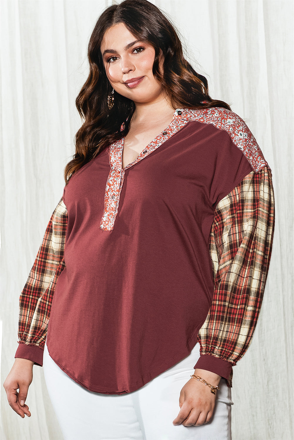 Red Floral Plaid Mixed Print Bishop Sleeve Patchwork Top