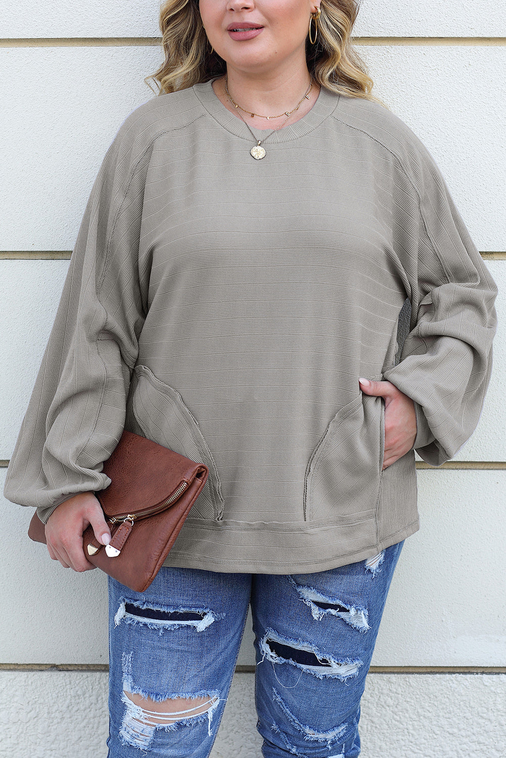 Ribbed Side Pockets Long Sleeve Plus Size Top