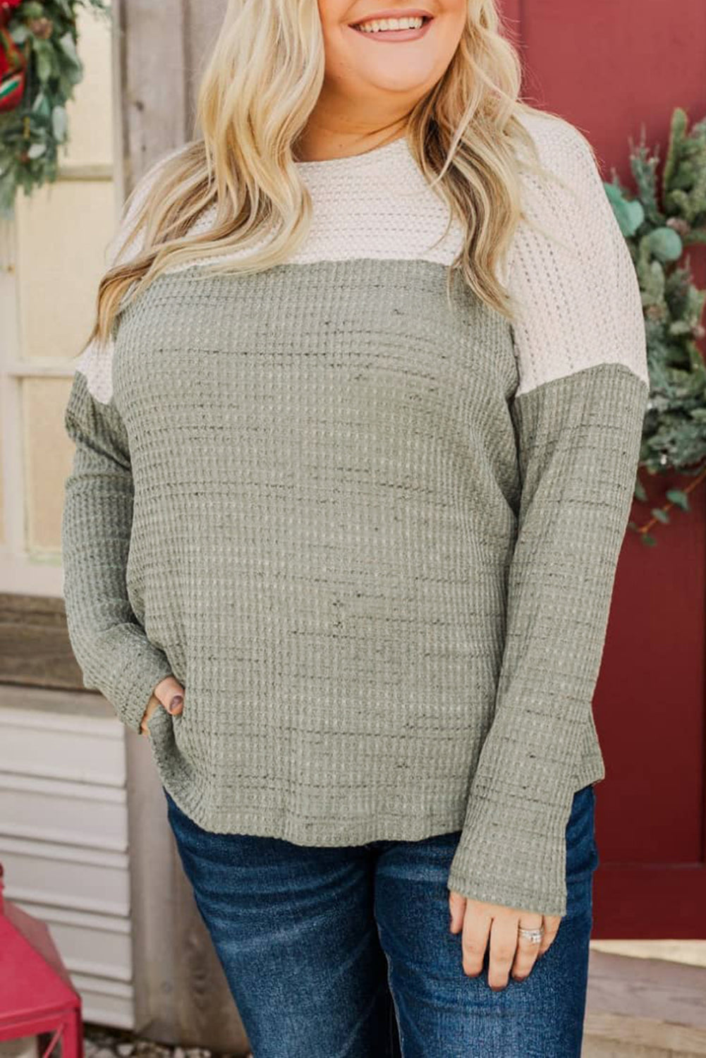 Plus Size Colorblock Knit Long Sleeve Top