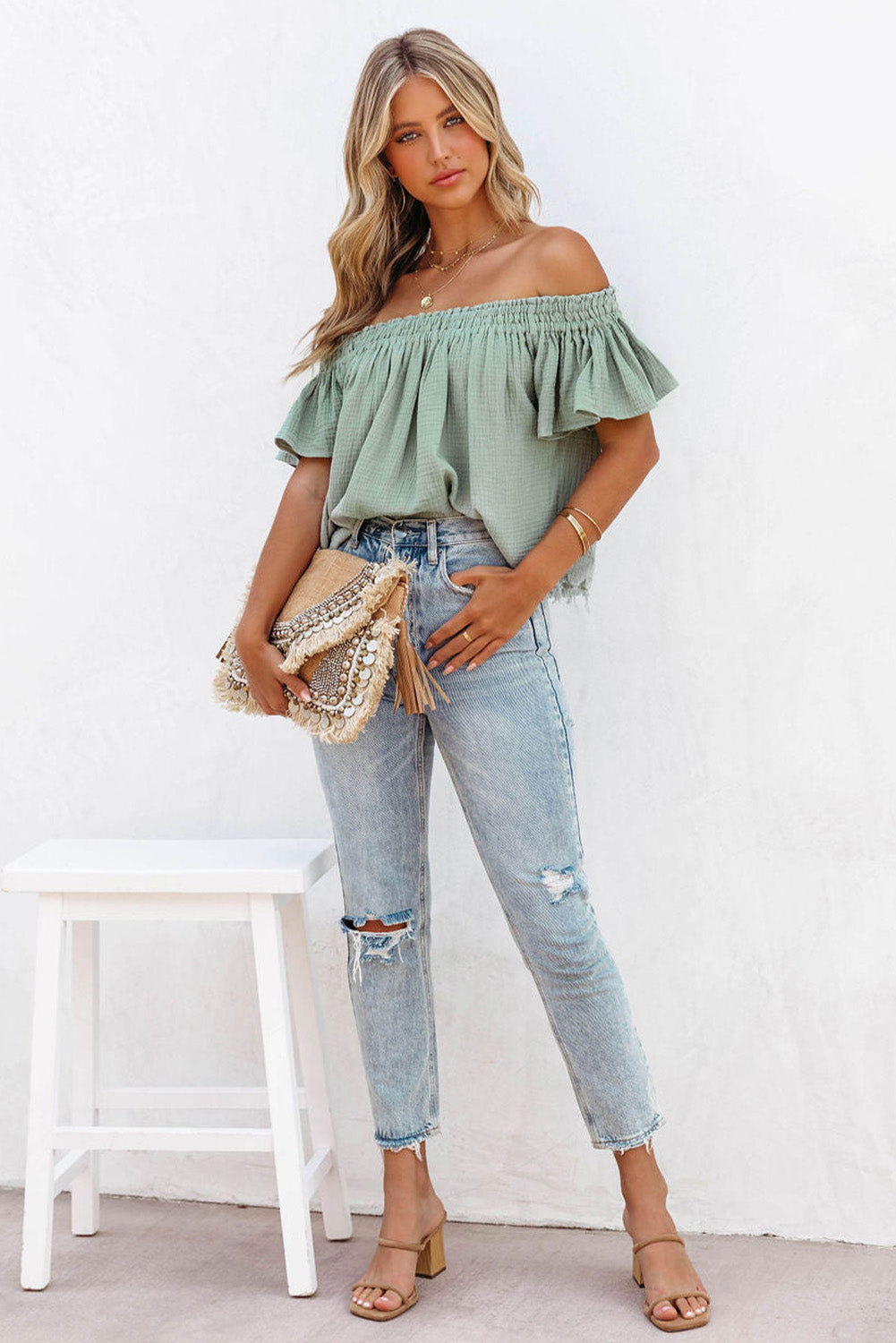 Off Shoulder Textured Ruched Ruffle Blouse