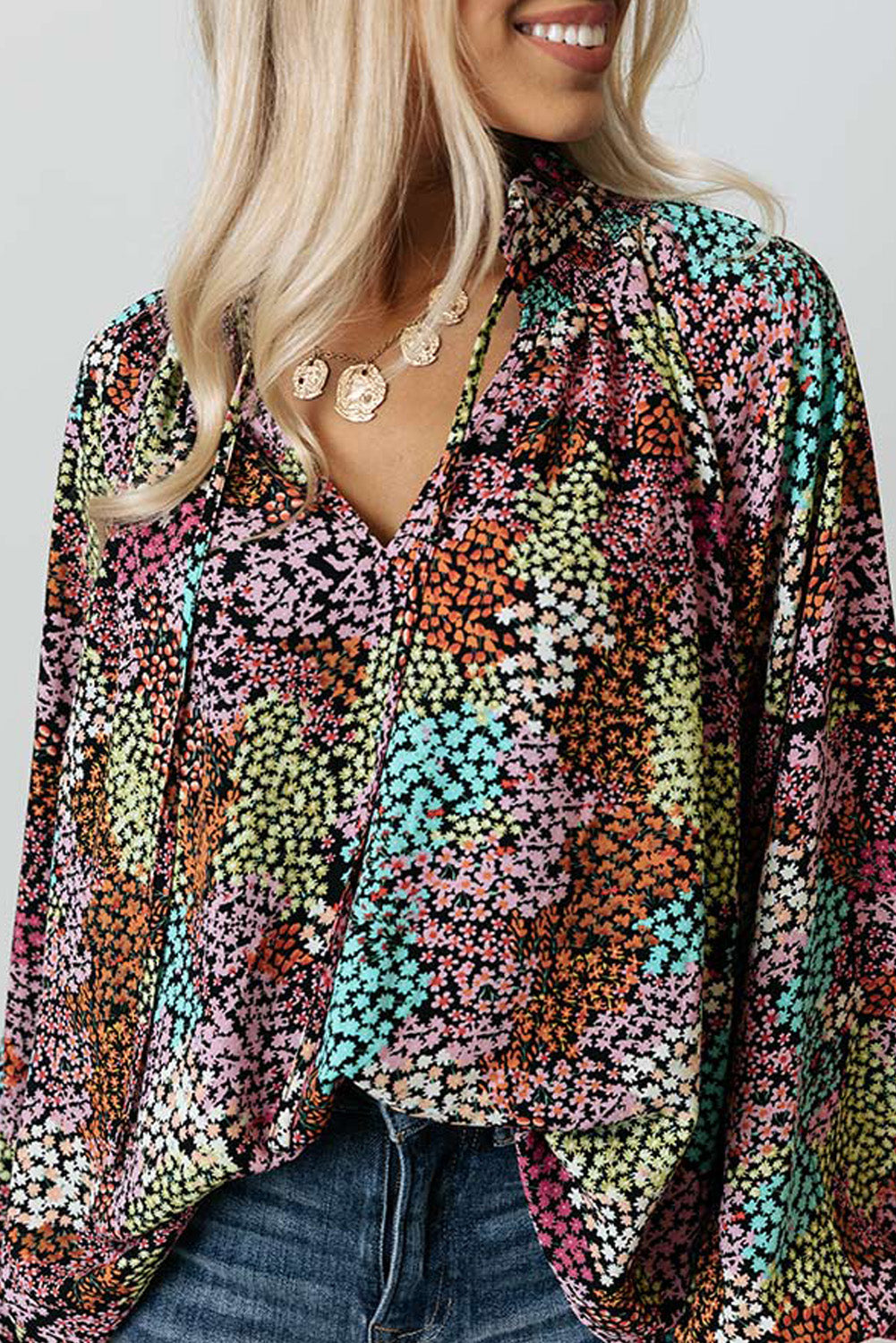 Vibrant Floral Tie V Neck Puff Sleeve Blouse