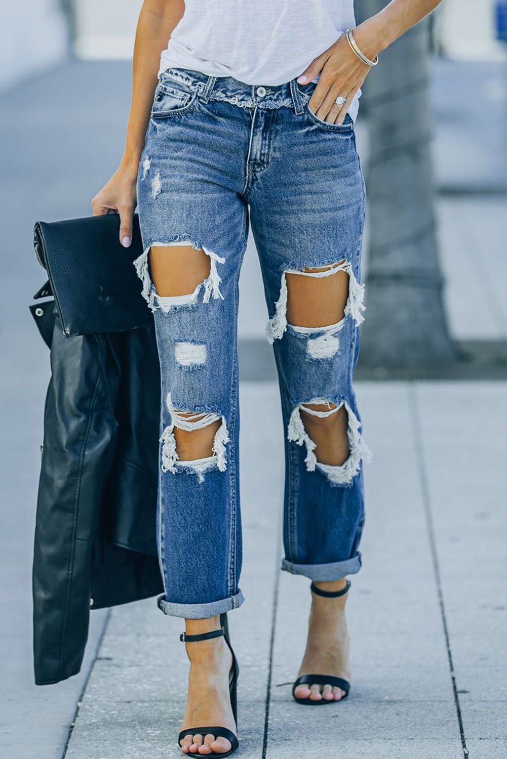 Cut Out Straight Leg Distressed Boyfriend Jeans