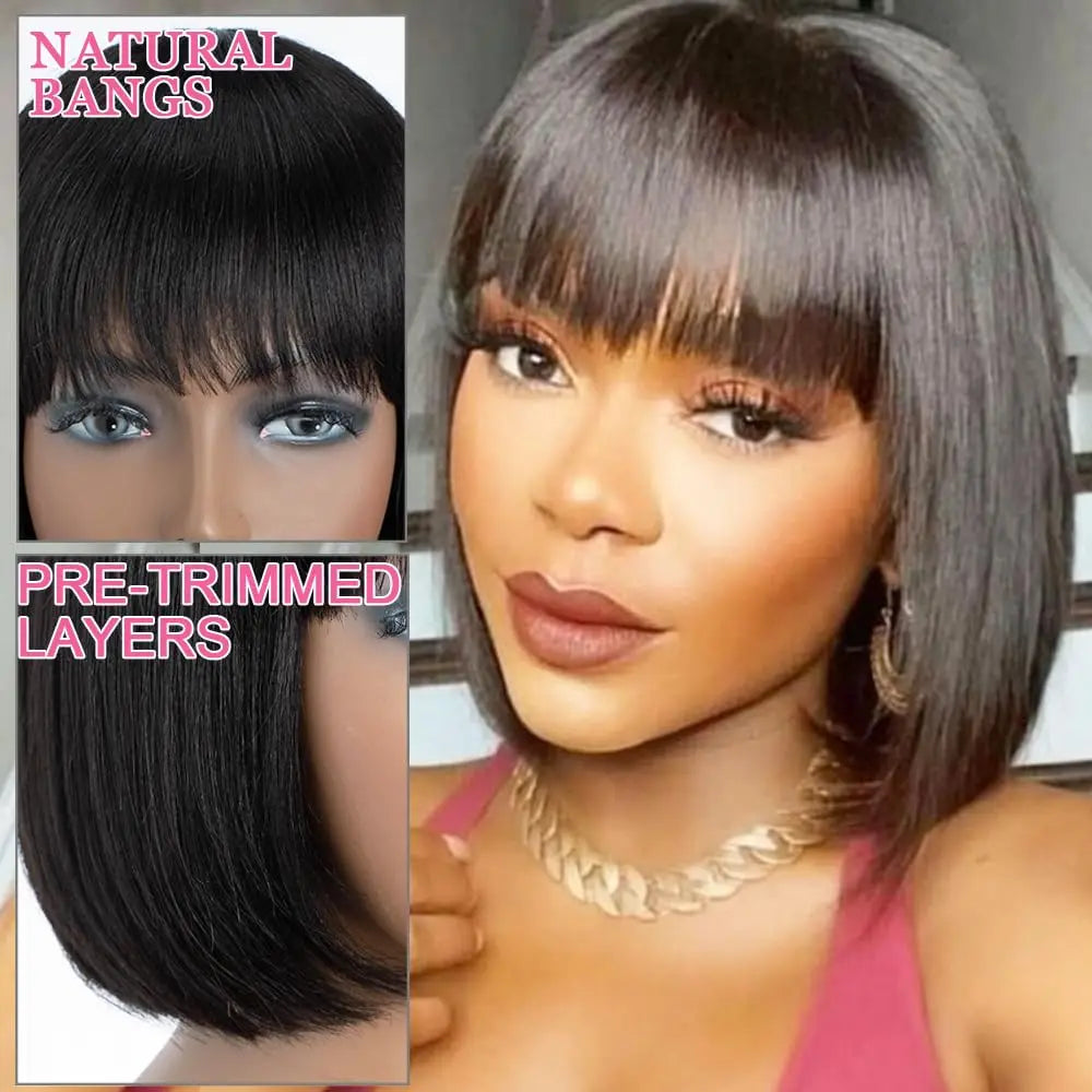 100% Human Hair Natural Black Brown Highlight Put On and Go Realistic Yaki Straight Bob with Bangs Minimalist 3X1 Lace Wig