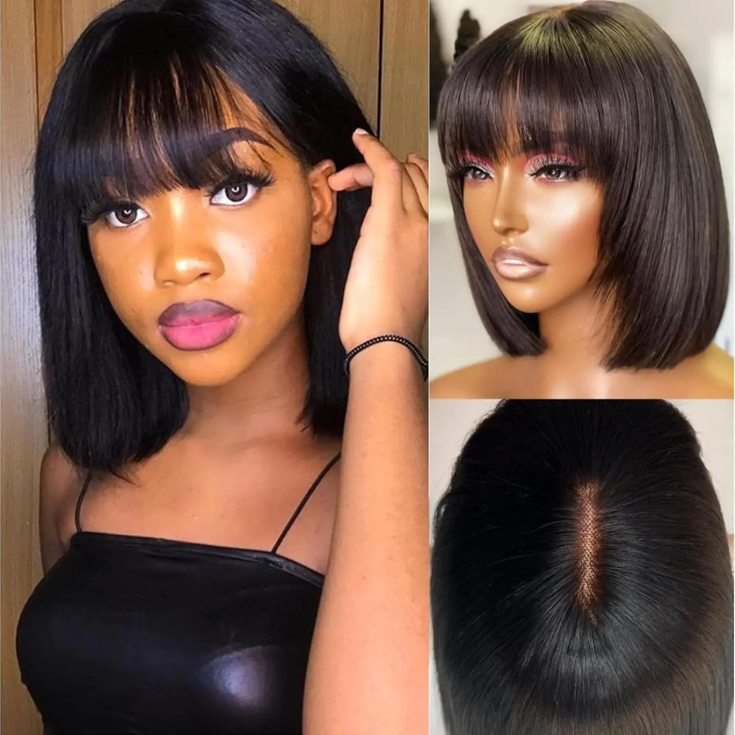 100% Human Hair Natural Black Brown Highlight Put On and Go Realistic Yaki Straight Bob with Bangs Minimalist 3X1 Lace Wig