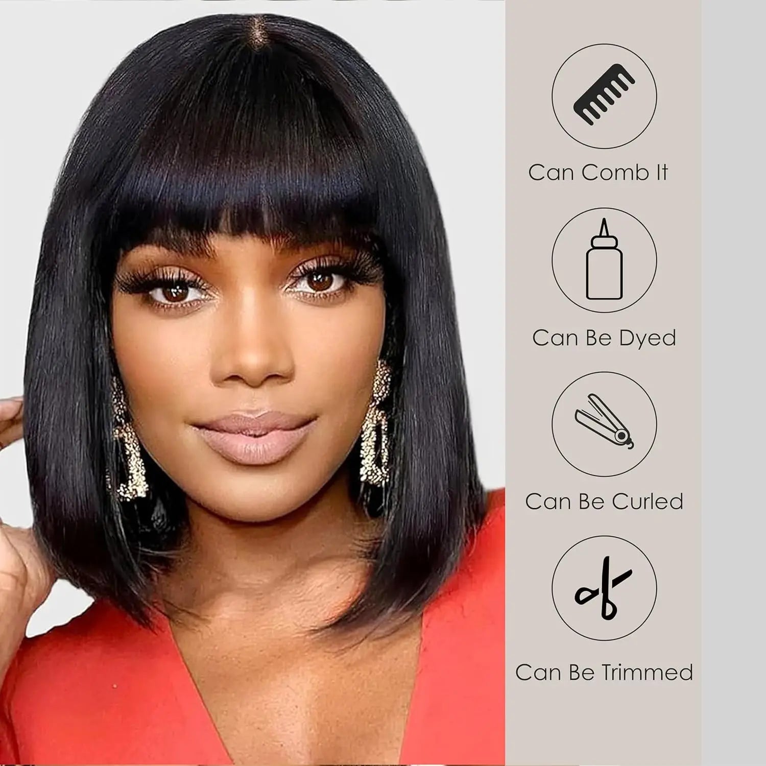 100% Human Hair Natural Black Brown Highlight Put On and Go Realistic Yaki Straight Bob with Bangs Minimalist 3X1 Lace Wig