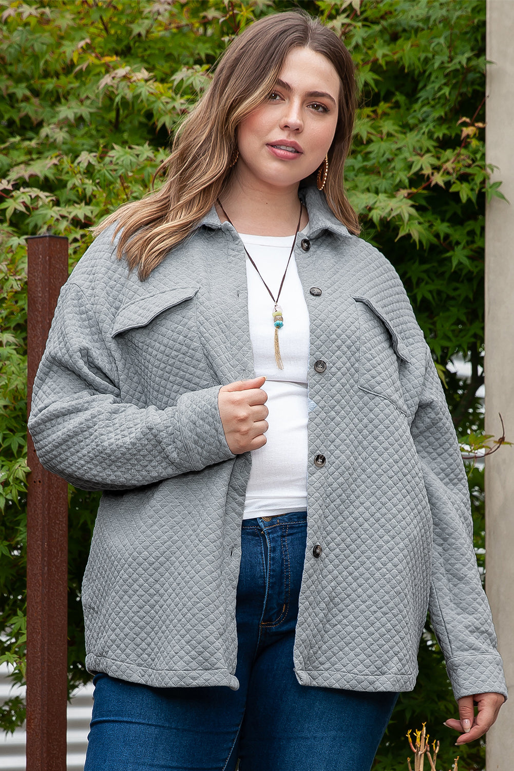 Gray Retro Quilted Flap Pocket Button Shacket