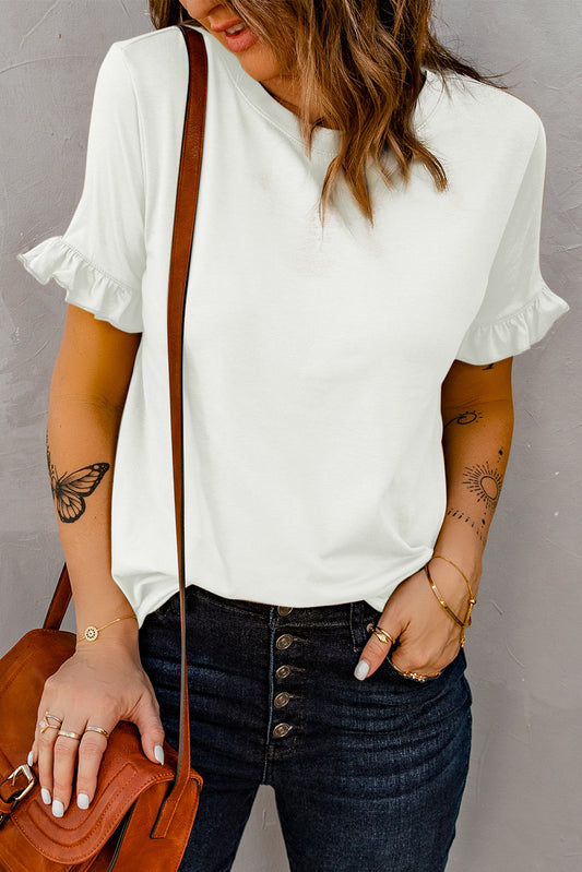 Solid Ruffled Short Sleeve T-shirt