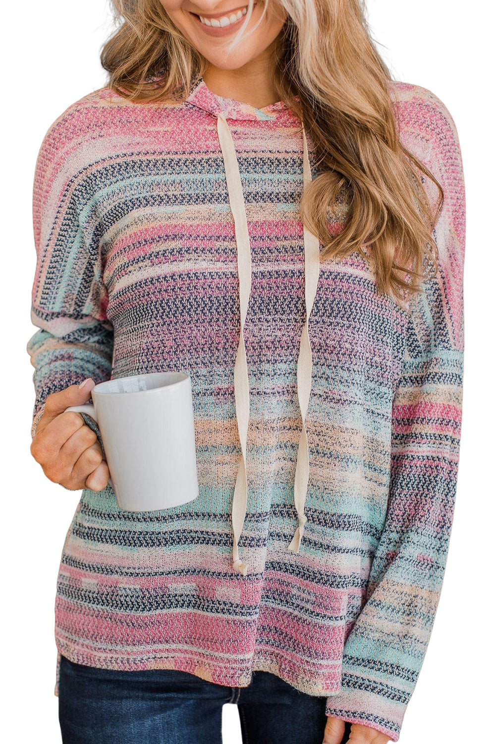 Striped Print Cable Knit Drop Shoulder Hoodie