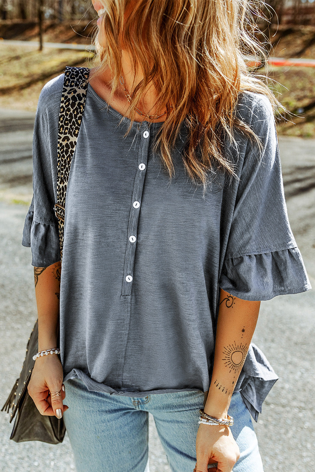 Ruffled Half Sleeve Buttoned Loose T Shirt