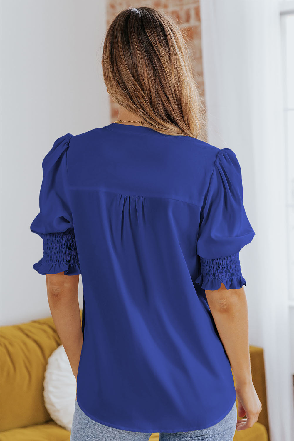 Solid Color Half Sleeve V Neck Blouse