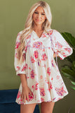 Pink Floral Print Balloon Sleeve V Neck Babydoll Mini Dress