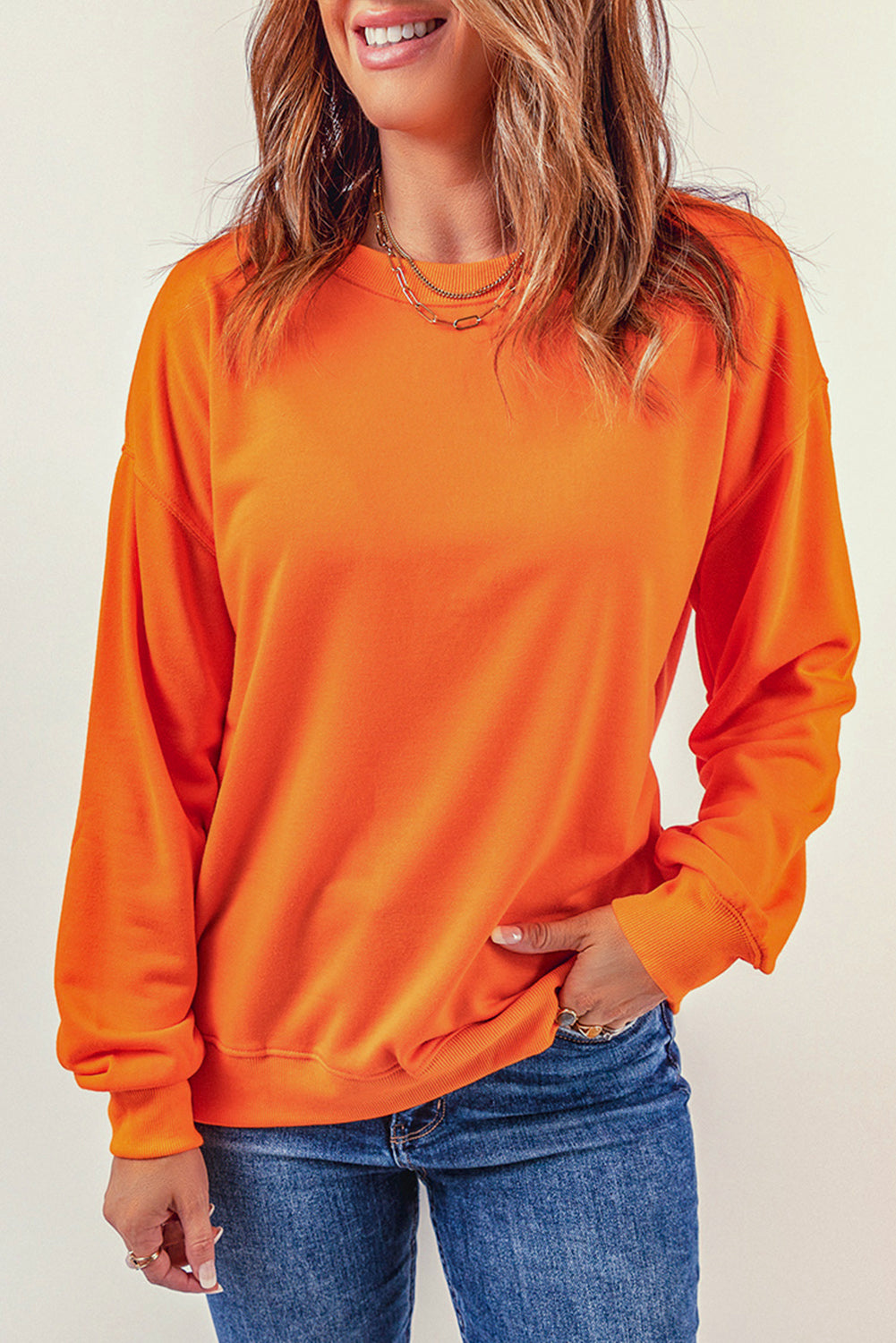 Sweat-shirt orange uni à col rond