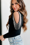 Rhinestone Fringed Cold Shoulder Long Sleeve Bodysuit