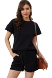 Black Textured Loose Fit T Shirt and Drawstring Pants Set