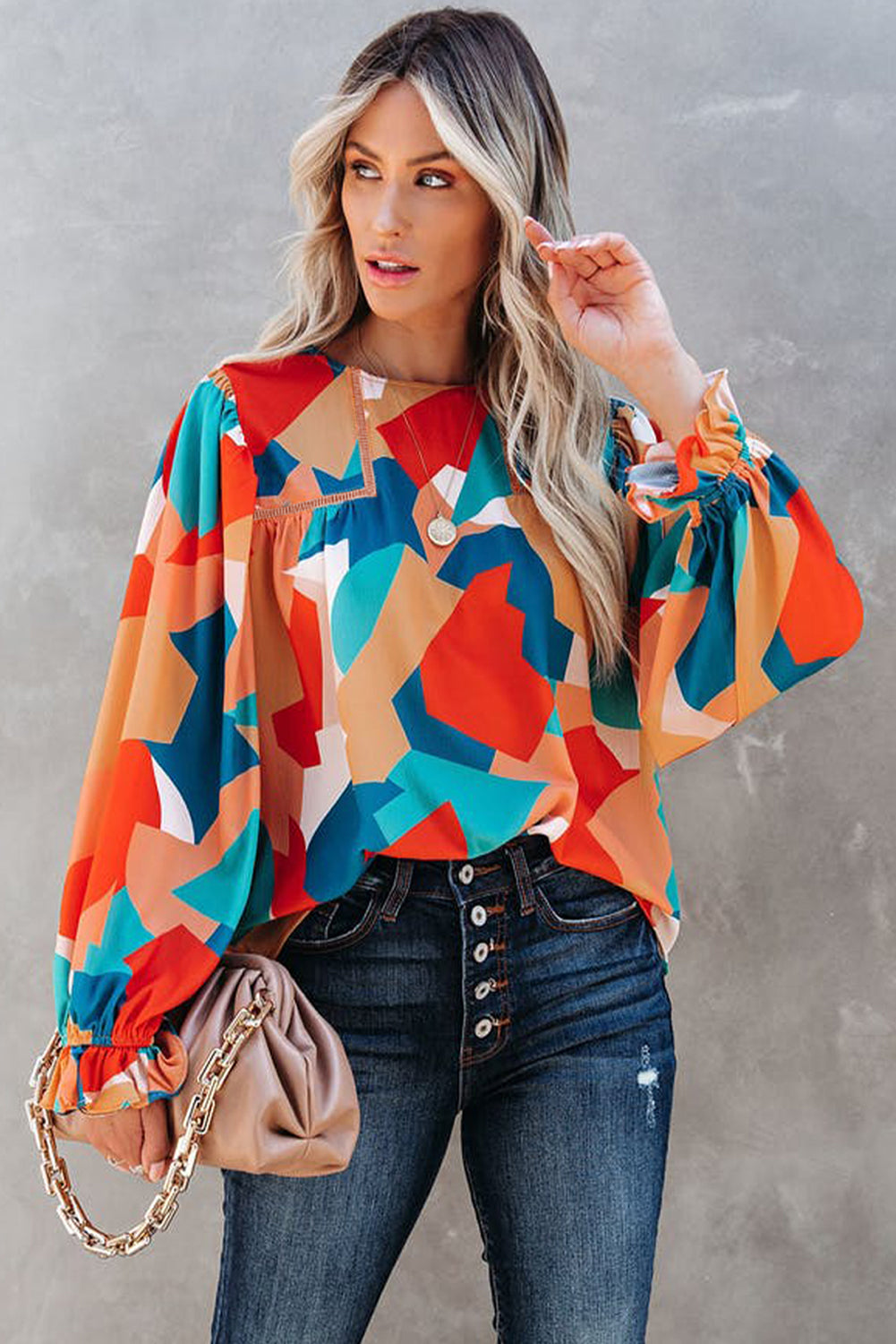 Abstract Pattern Crewneck Ruffled Puff Sleeve Blouse