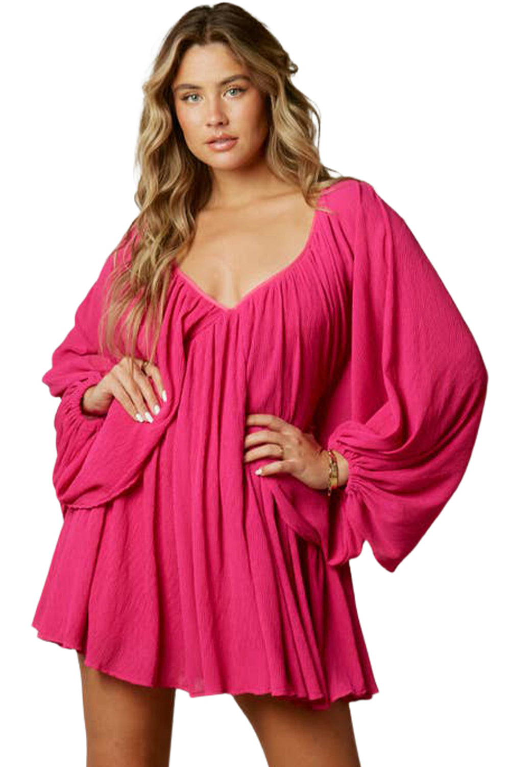 Rose - Mini-robe babydoll froncée à manches bouffantes