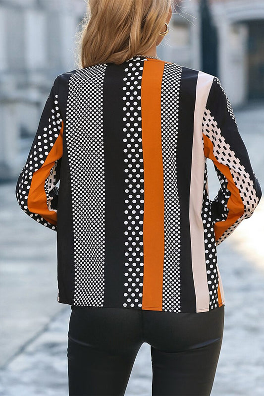 Orange Geo Print Colorblock Notched V Neck Blouse