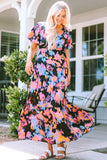 Abstract Floral Pattern Flutter Sleeve Tiered Maxi Dress