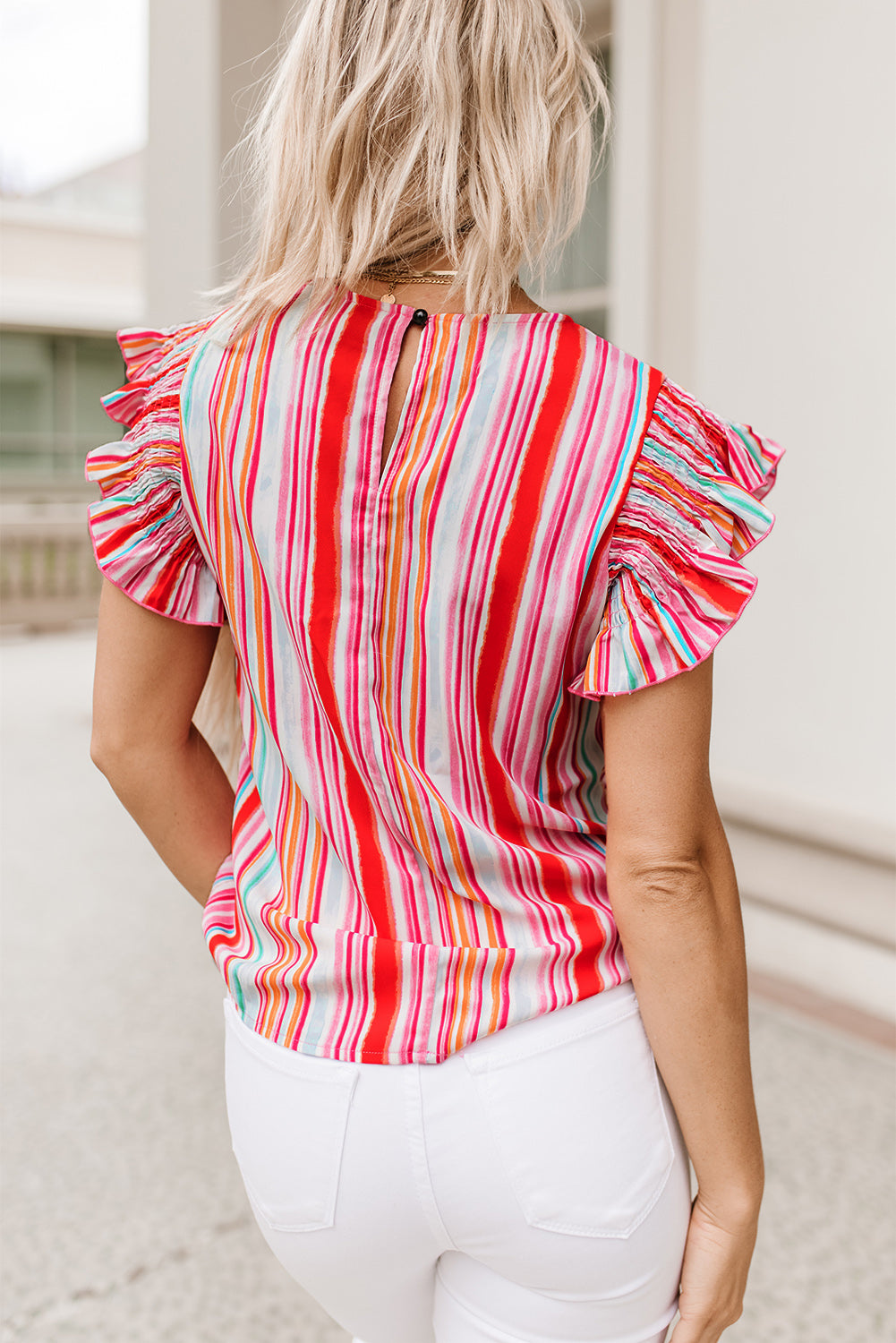 Abstract Print Stitching Ruffle Sleeve Blouse