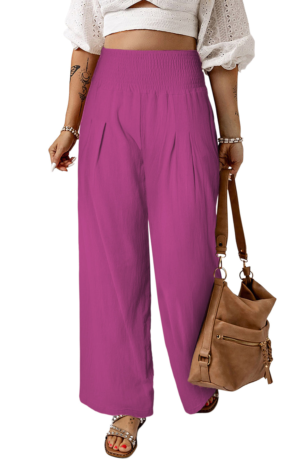 Pink Textured High Waist Wide Leg Plus Size Pants