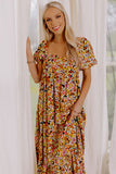 Puff Sleeve Square Neck Open Back Floral Midi Dress