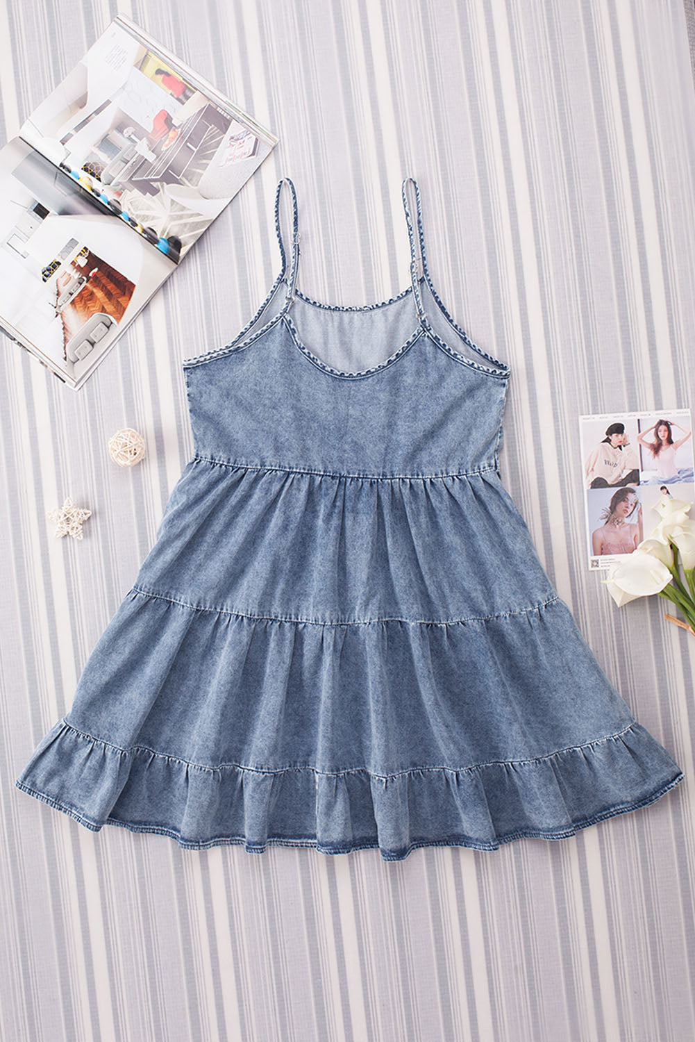 Sky Adjustable Straps Tiered Ruffle Denim Dress