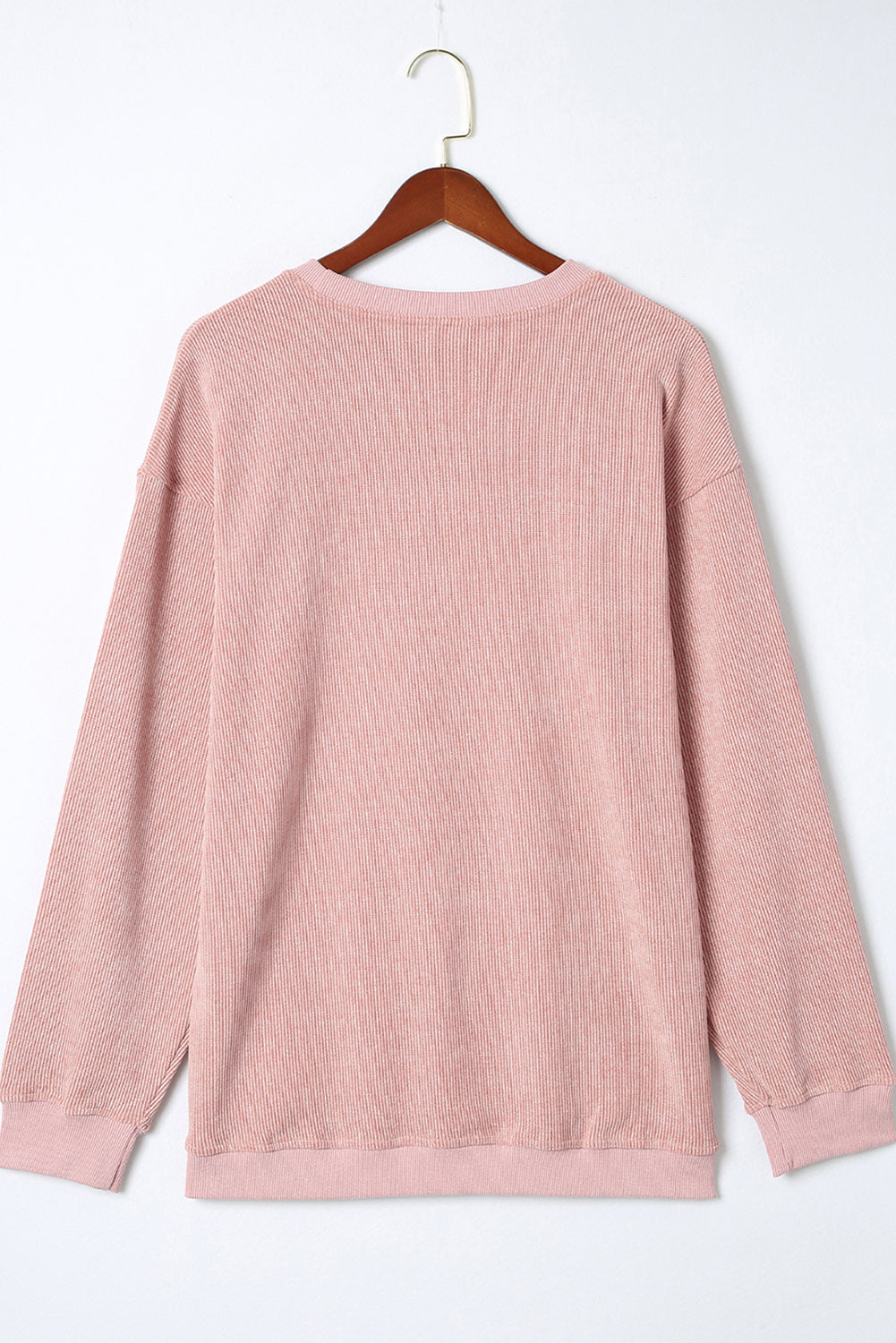 Pink Solid Ribbed Knit Round Neck Pullover Sweatshirt