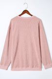 Pink Solid Ribbed Knit Round Neck Pullover Sweatshirt