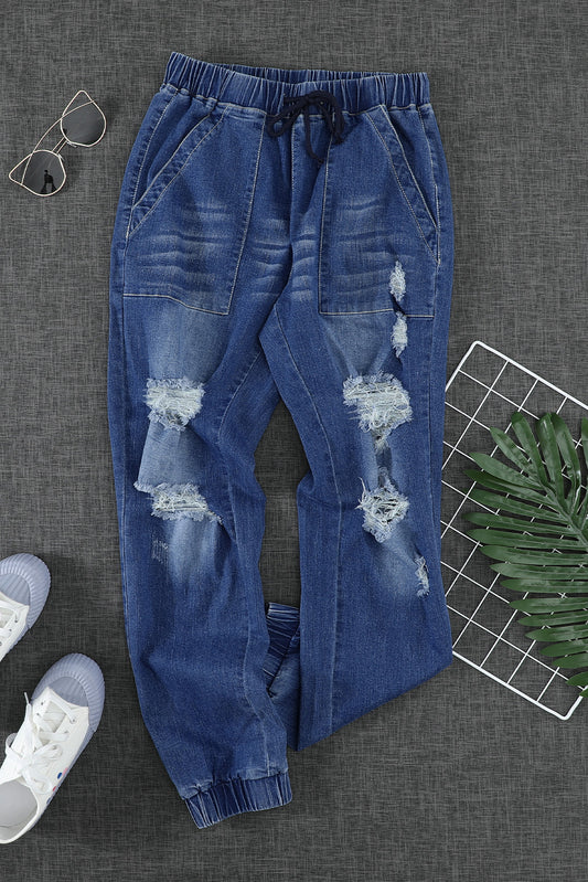 Blue Pocketed Distressed Denim Joggers