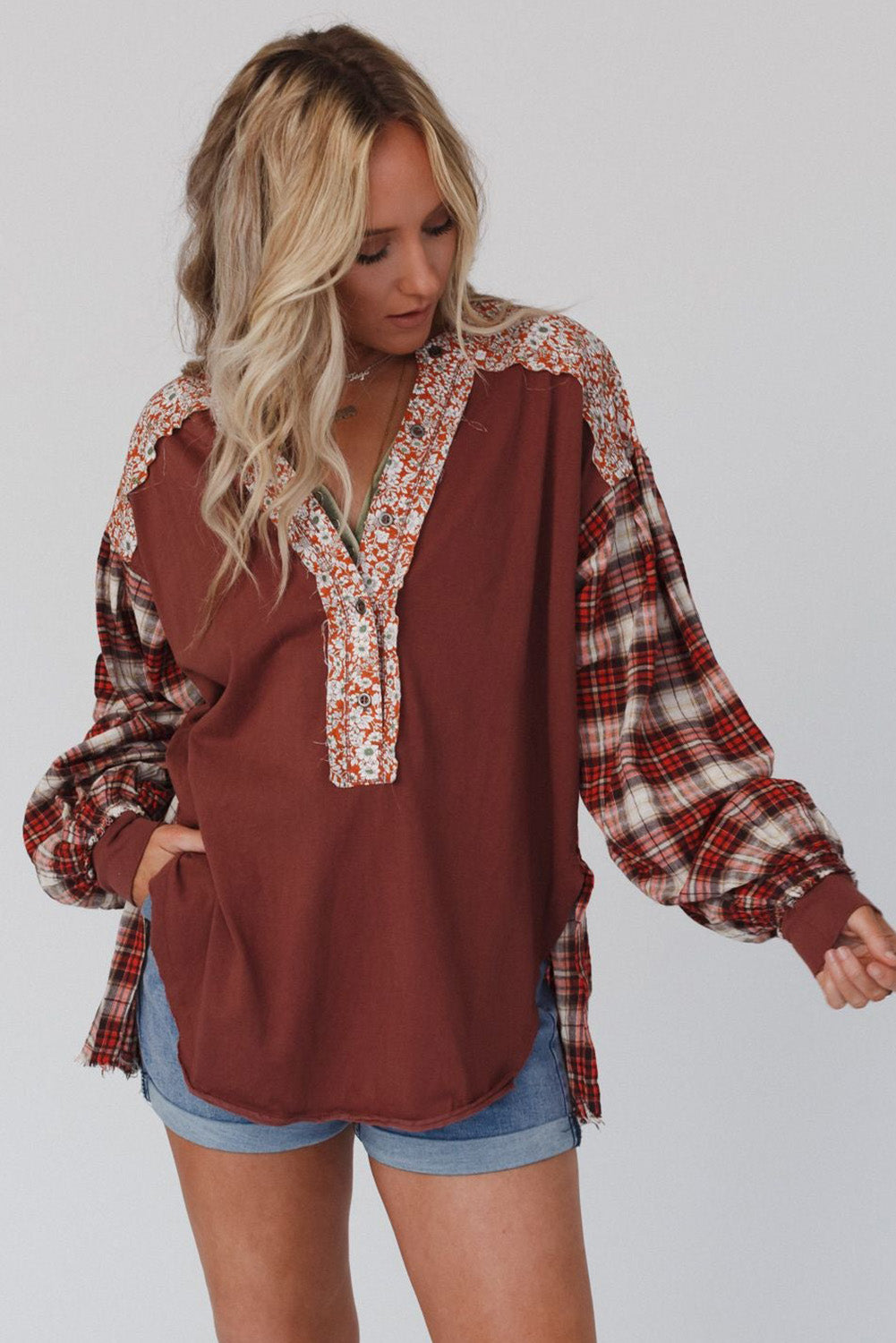 Red Floral Plaid Mixed Print Bishop Sleeve Patchwork Top