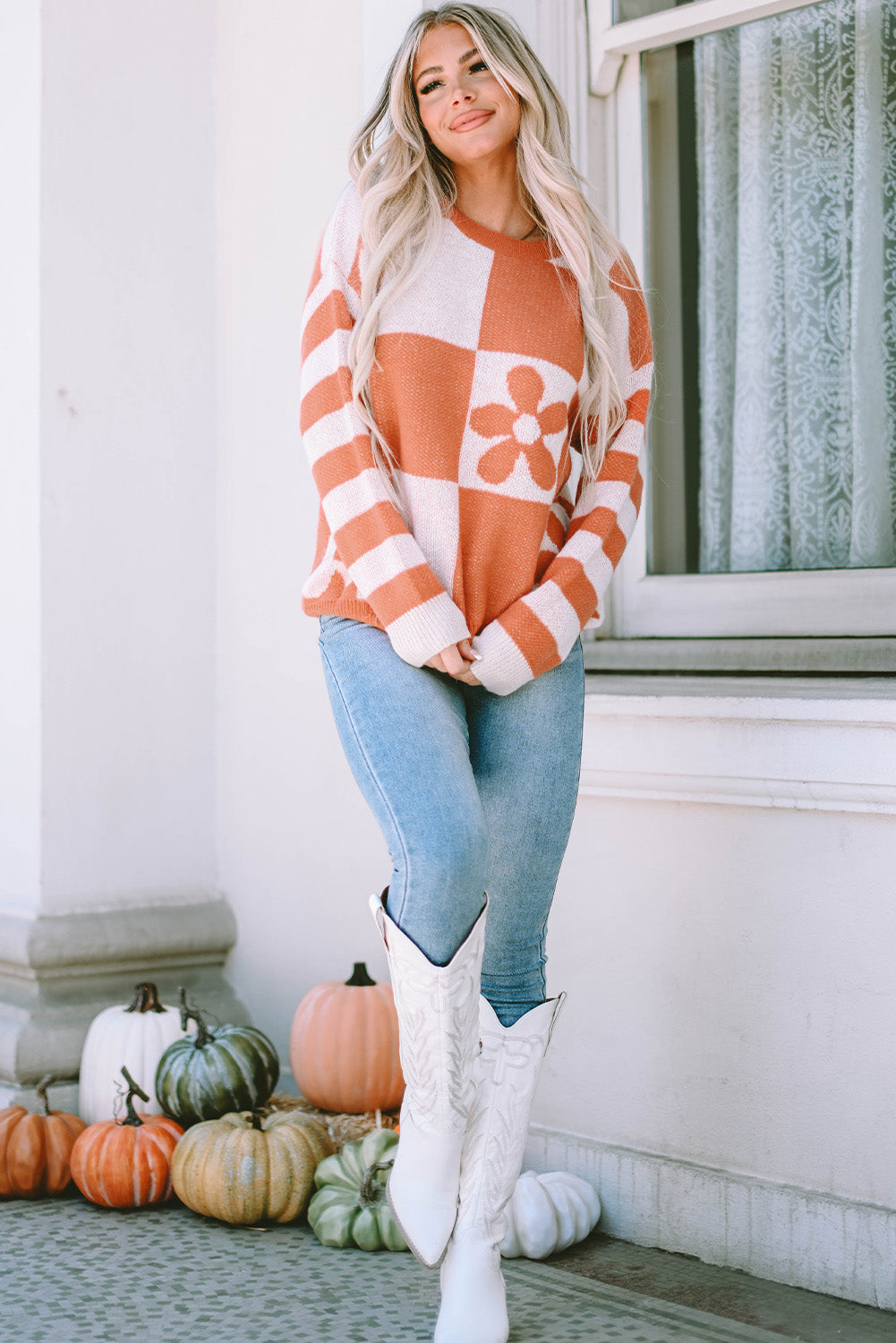 Green Checkered Floral Print Striped Sleeve Sweater