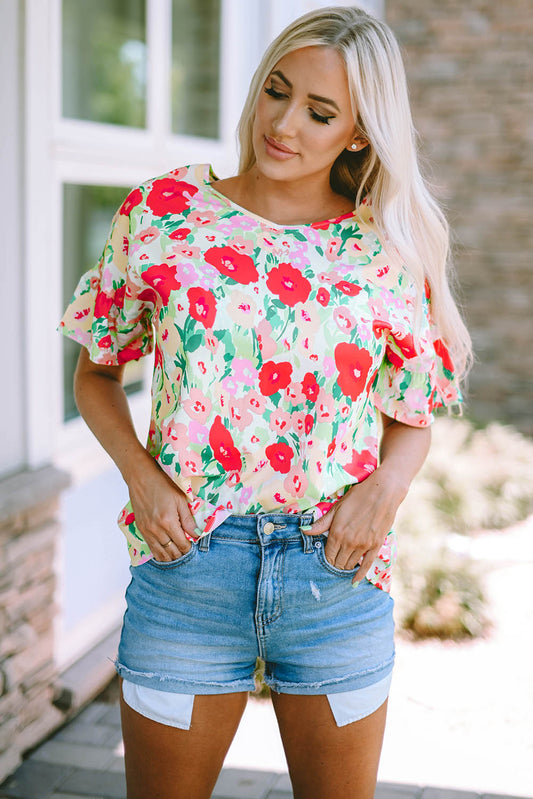 Floral Print Ruffled Short Sleeve V Neck Blouse