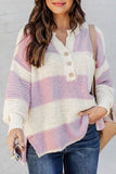 Striped Knit Button Ribbed Split Neck Sweater